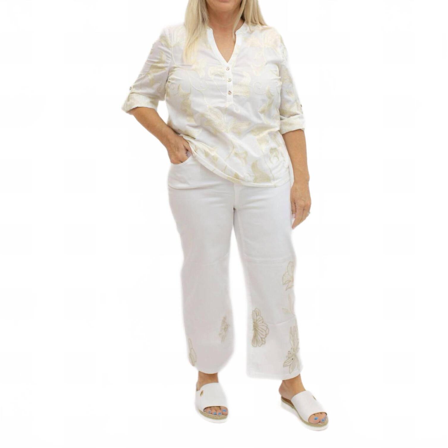 New Charlie B Embroidered Flower Crop Pant In White